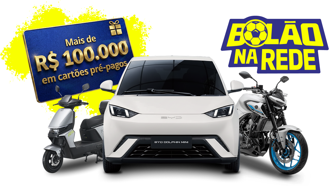 Bolão na Rede com carro, moto, scooter e cartões pré-pagos em destaque